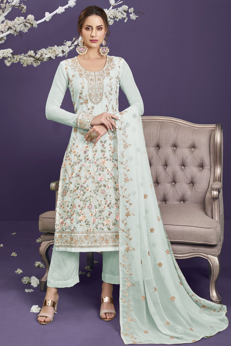 Georgette Fabric Party Wear Sea Green Color Embroidered Designer Salwar Suit