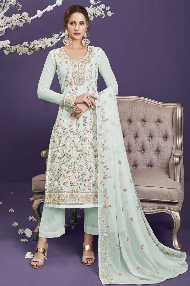 Georgette Fabric Party Wear Sea Green Color Embroidered Designer Salwar Suit