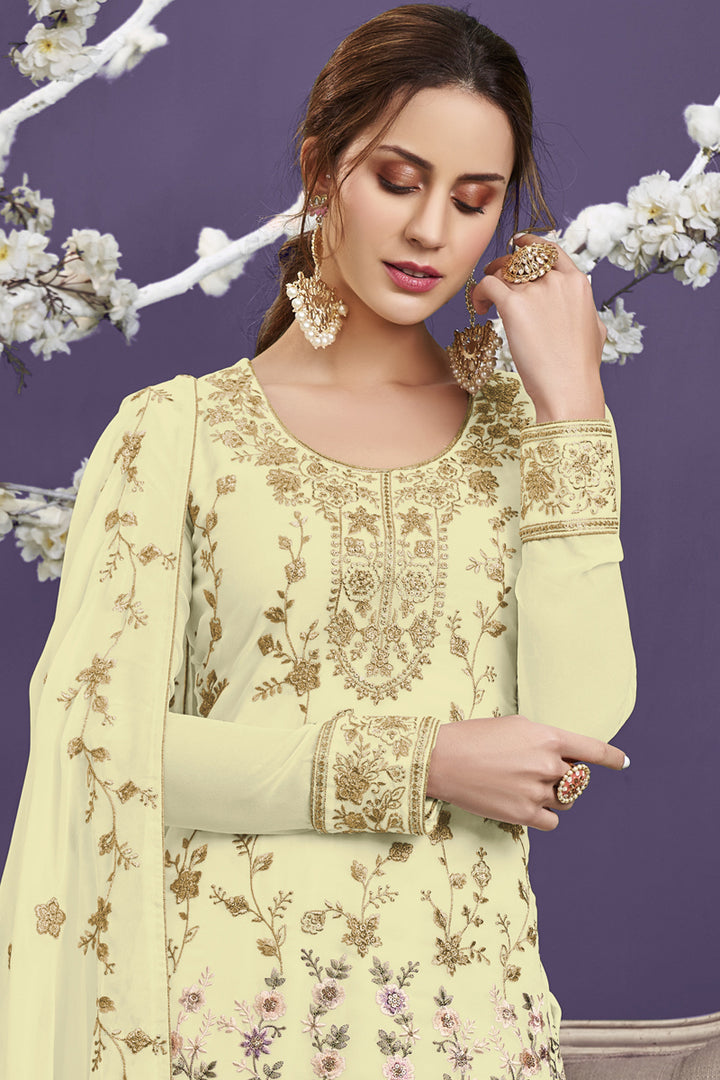 Yellow Color Georgette Fabric Sangeet Wear Embroidered Designer Salwar Suit