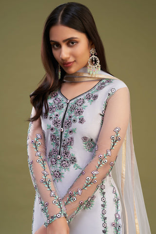 Net Fabric Lavender Color Embroidered Designer Straight Cut Salwar Suit