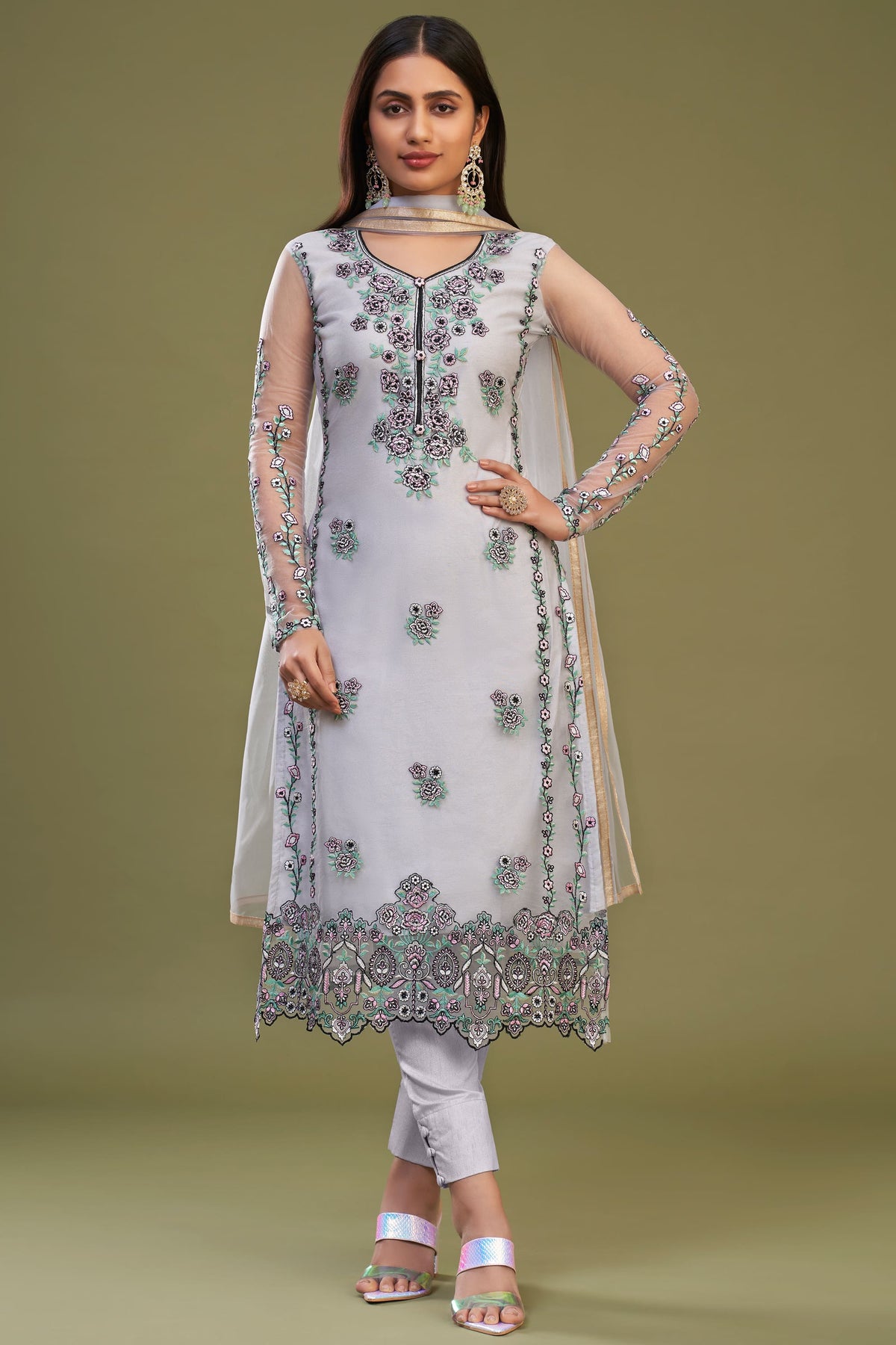 Net Fabric Lavender Color Embroidered Designer Straight Cut Salwar Suit