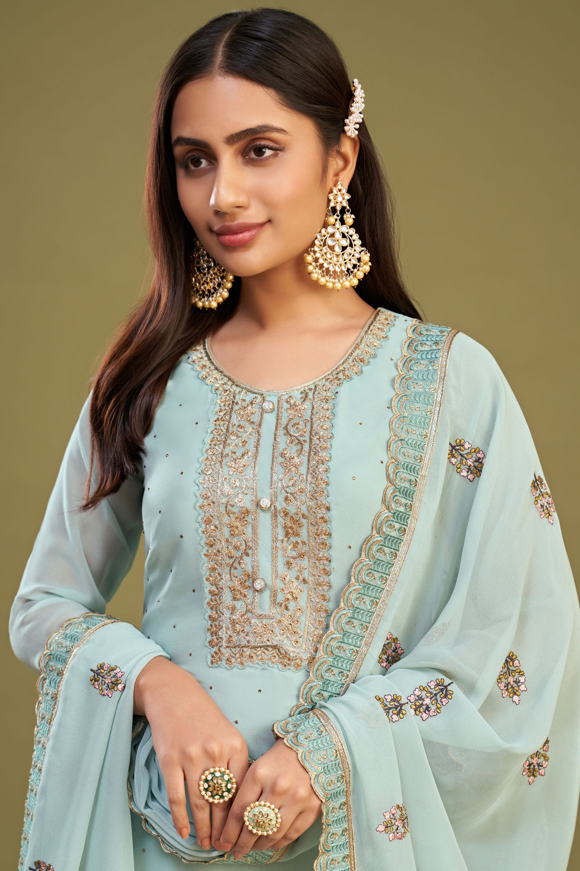 Light Cyan Color Embroidered Beatific Georgette Fabric Salwar Suit