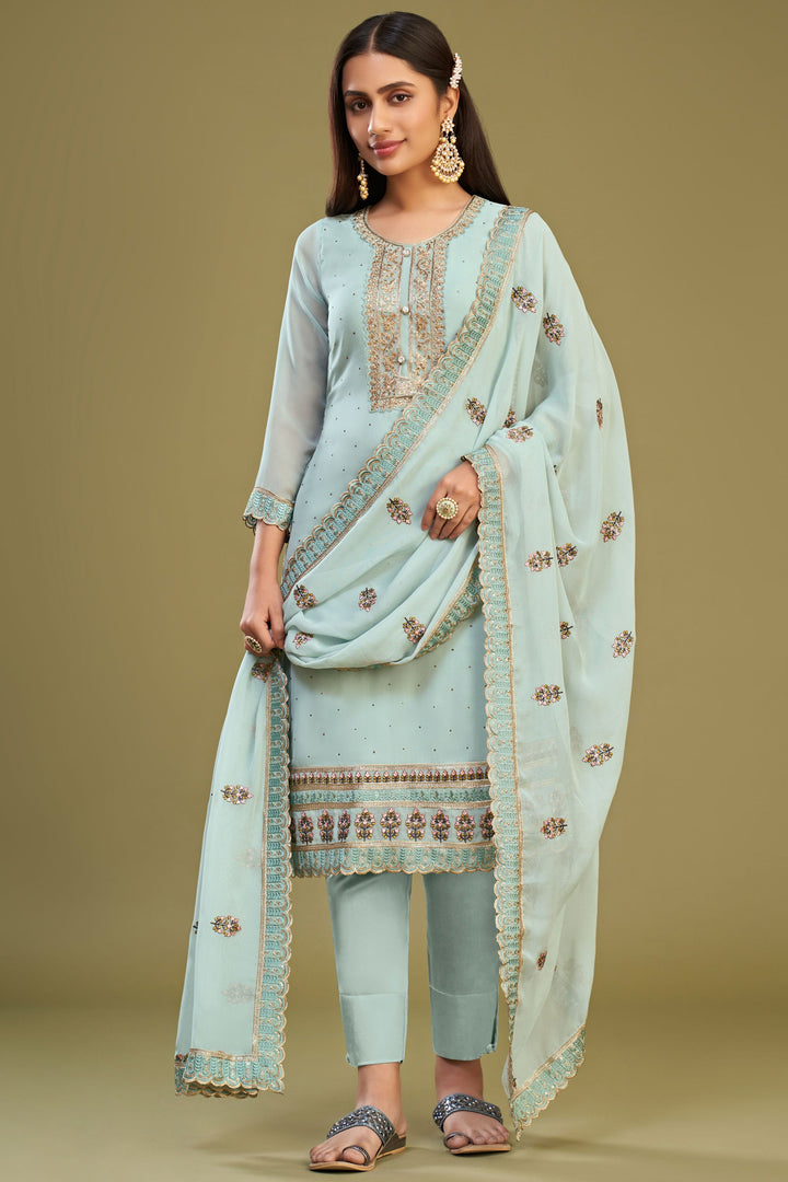 Light Cyan Color Embroidered Beatific Georgette Fabric Salwar Suit
