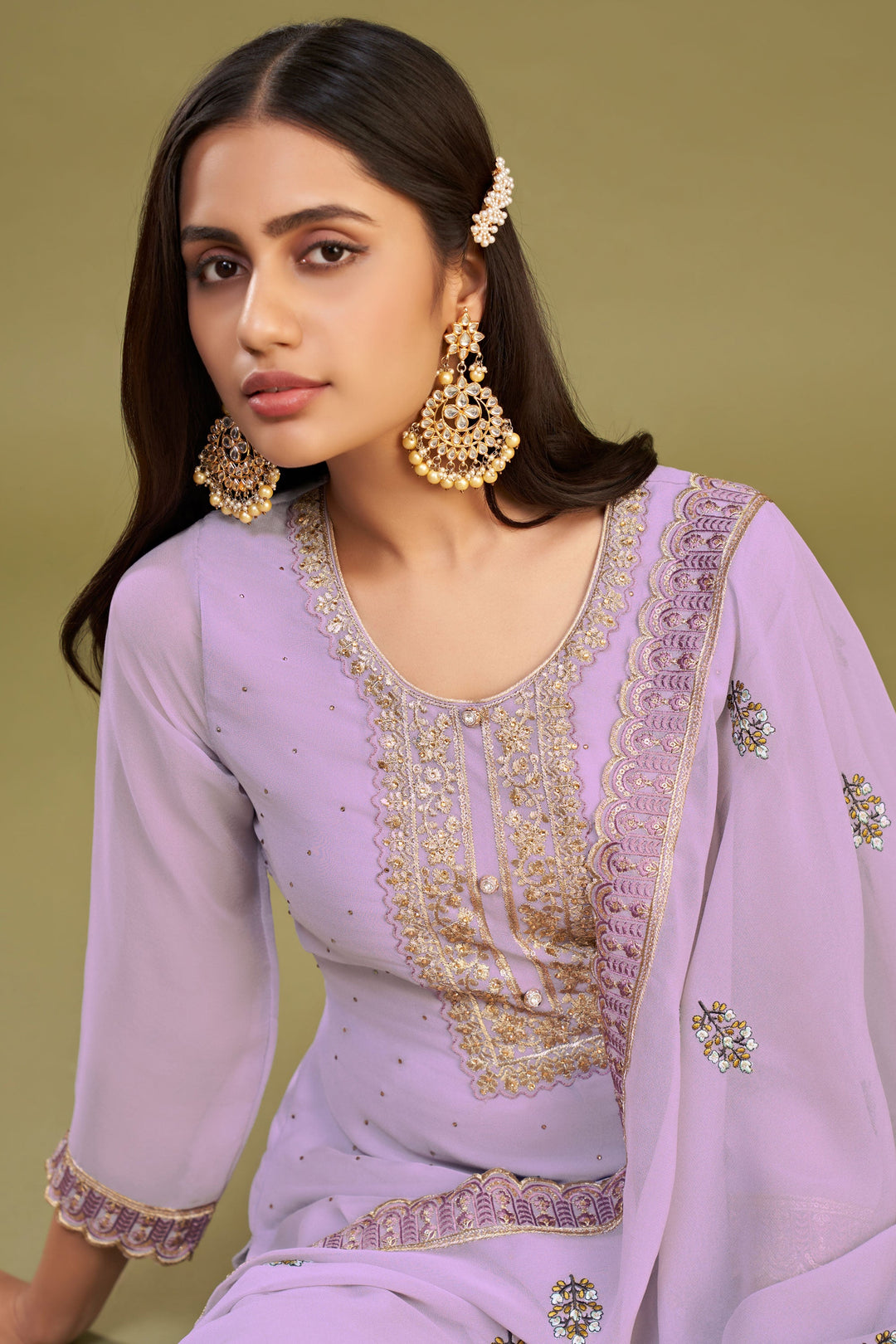 Beguiling Embroidered Lavender Color Georgette Fabric Salwar Suit