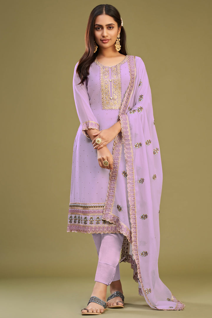 Beguiling Embroidered Lavender Color Georgette Fabric Salwar Suit