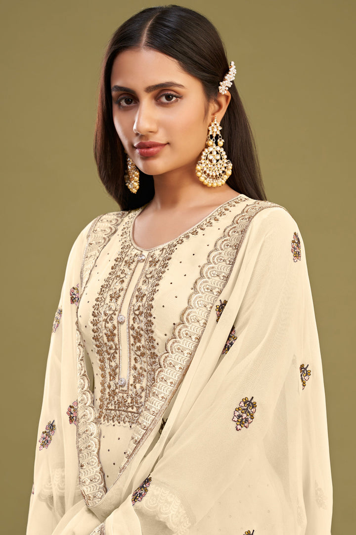 Incredible Embroidered Beige Color Georgette Fabric Salwar Suit