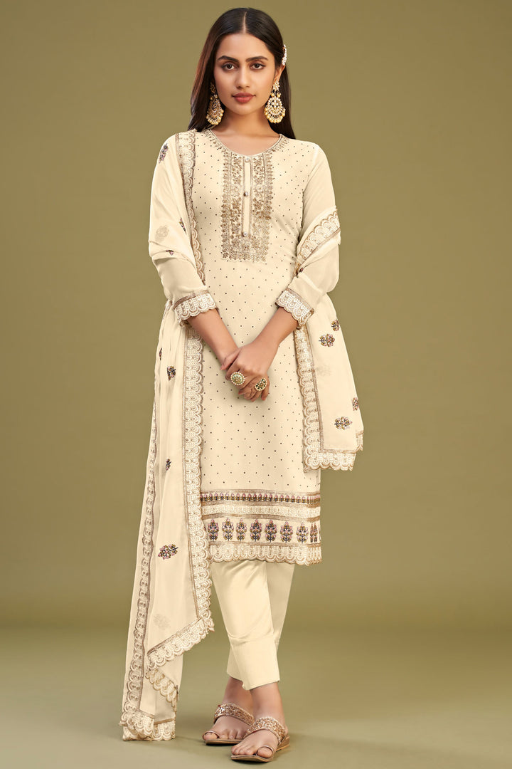 Incredible Embroidered Beige Color Georgette Fabric Salwar Suit