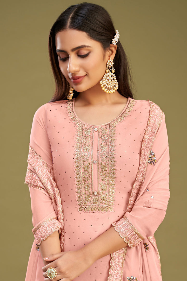 Tempting Peach Color Georgette Salwar Suit With Embroidered Work