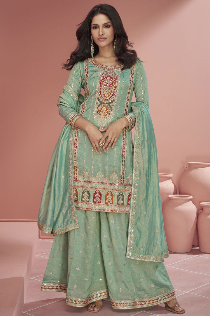 Vartika Singh Sea Green Color Organza Silk Readymade Beautiful Palazzo Suit