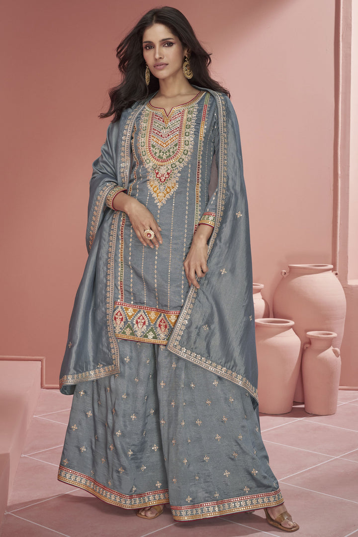 Vartika Singh Organza Silk Grey Color Fascinating Readymade Palazzo Suit