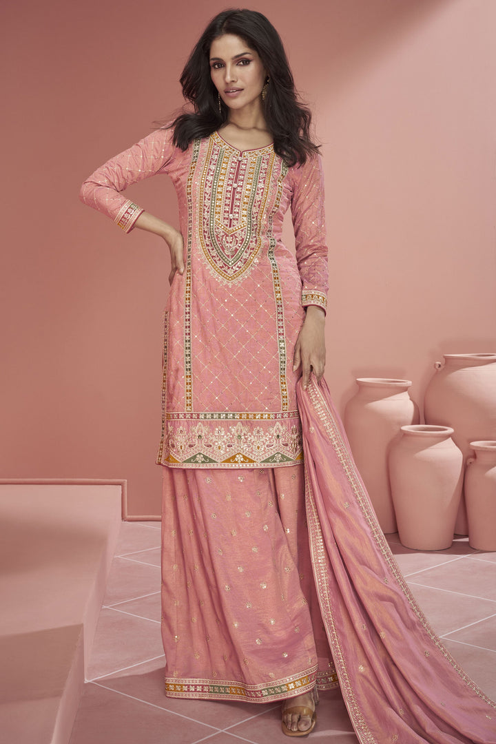Vartika Singh Alluring Organza Silk Pink Color Readymade Palazzo Suit