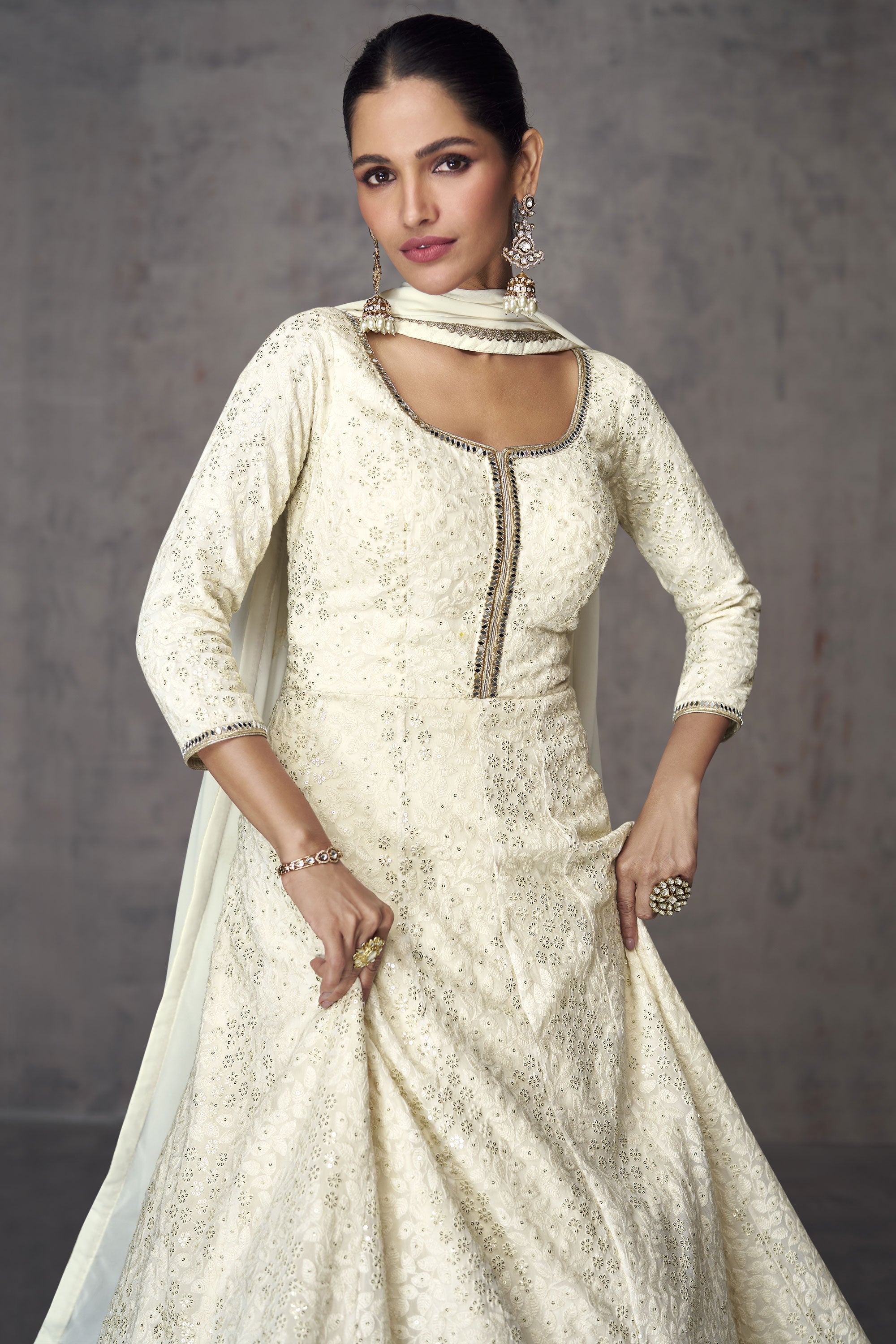 White Color Embroidered Readymade Anarkali Style Long Gown With Dupatta