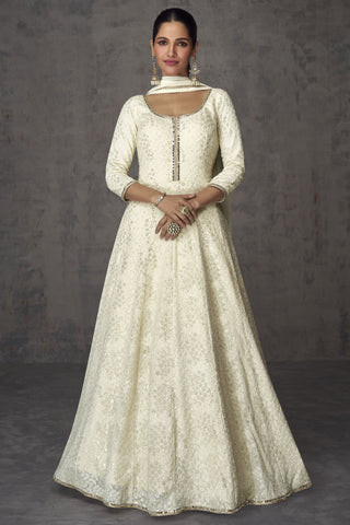 White Color Embroidered Readymade Anarkali Style Long Gown With Dupatta