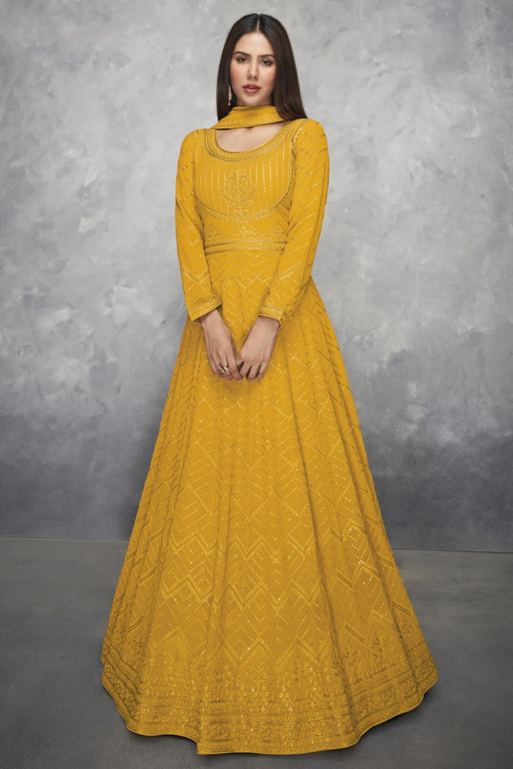 Mustard Color Embroidered Function Wear Georgette Fabric Anarkali Suit