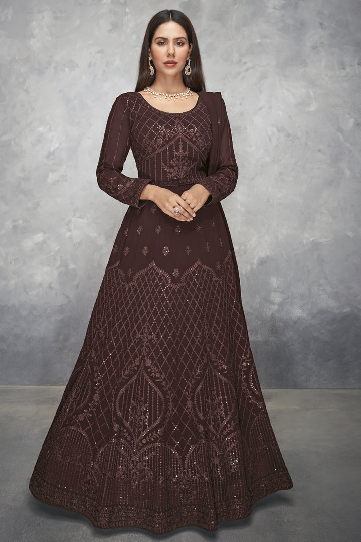 Georgette Fabric Function Wear Embroidered Brown Color Anarkali Suit