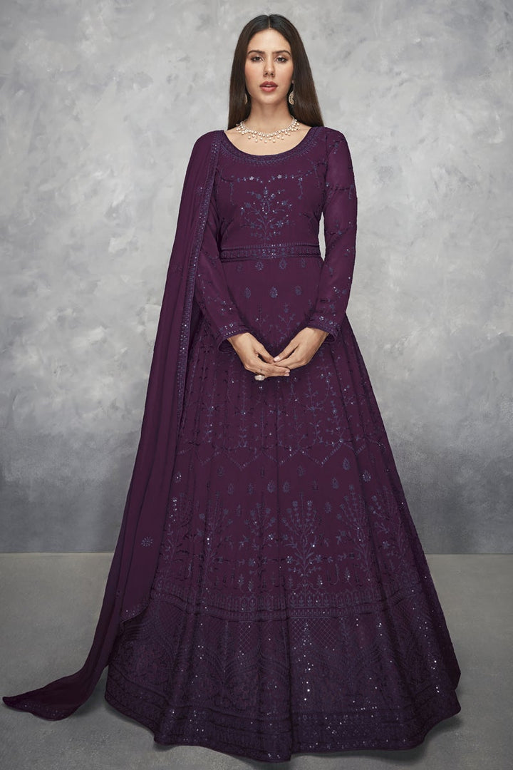 Georgette Fabric Festive Wear Purple Color Embroidered Anarkali Suit