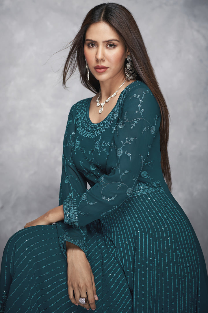 Teal Color Georgette Fabric Festive Wear Embroidered Anarkali Suit