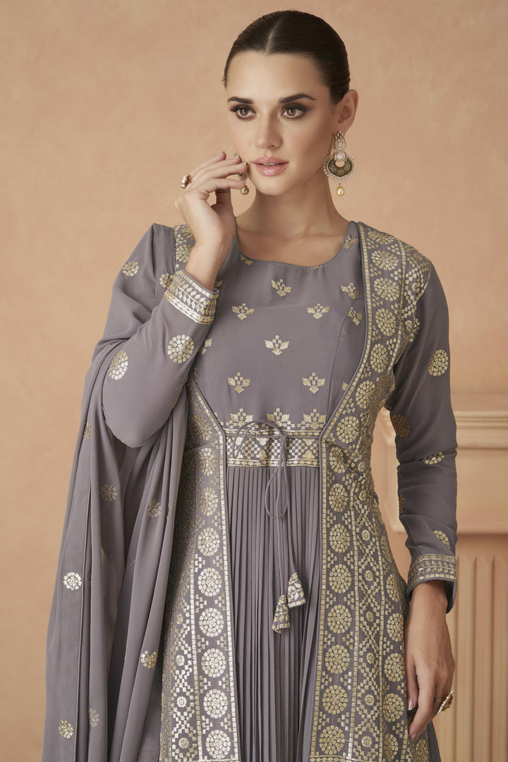 Georgette Fabric Lavender Color Embroidered Readymade Long Anarkali Style Gown With Dupatta