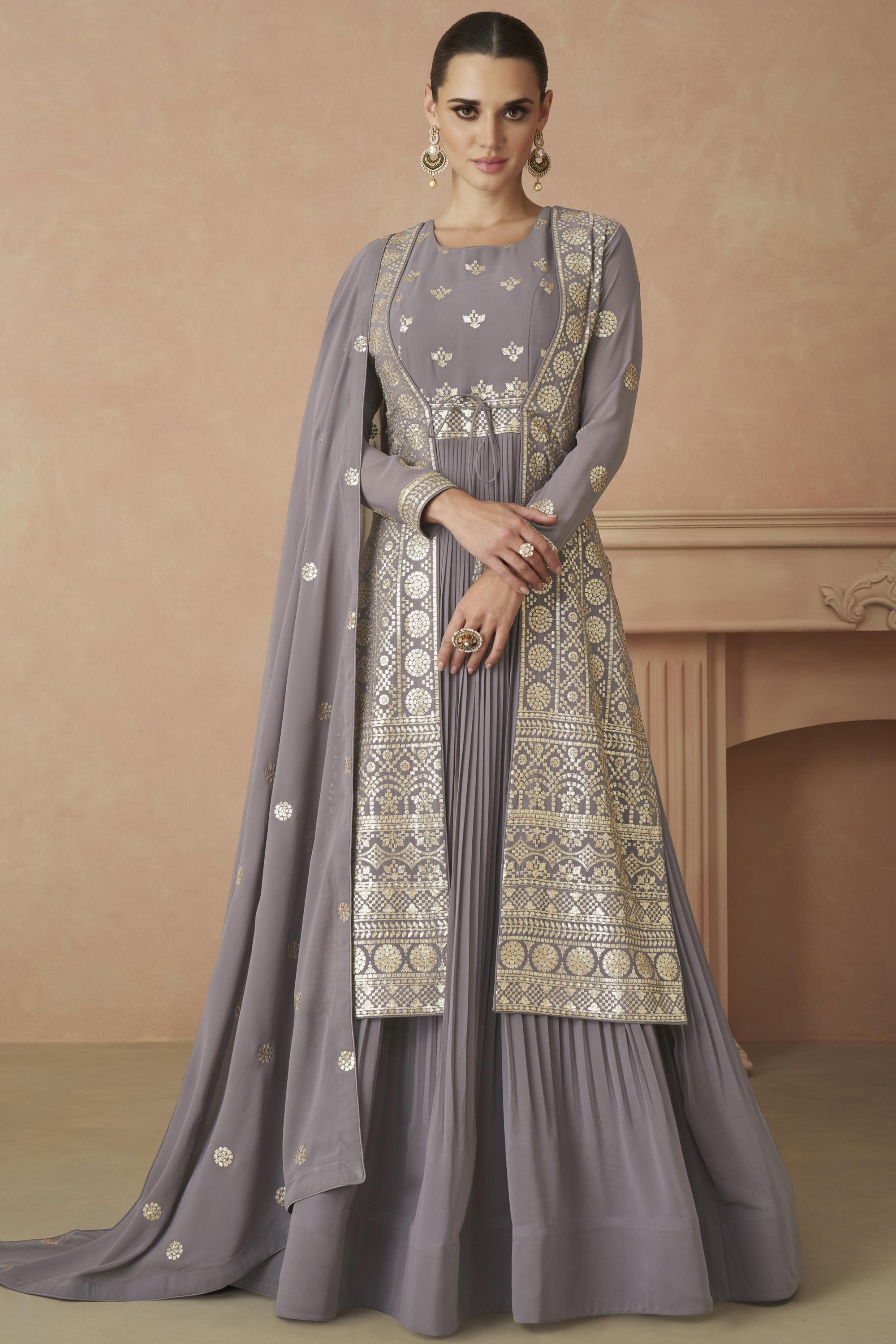 Georgette Fabric Lavender Color Embroidered Readymade Long Anarkali Style Gown With Dupatta