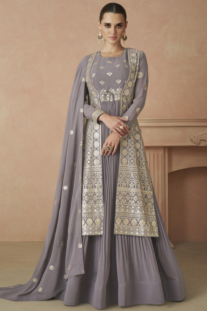Georgette Fabric Lavender Color Embroidered Readymade Long Anarkali Style Gown With Dupatta