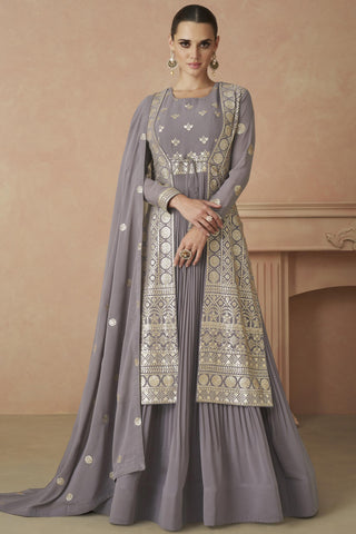 Georgette Fabric Lavender Color Embroidered Readymade Long Anarkali Style Gown With Dupatta