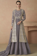 Load image into Gallery viewer, Georgette Fabric Lavender Color Embroidered Readymade Long Anarkali Style Gown With Dupatta
