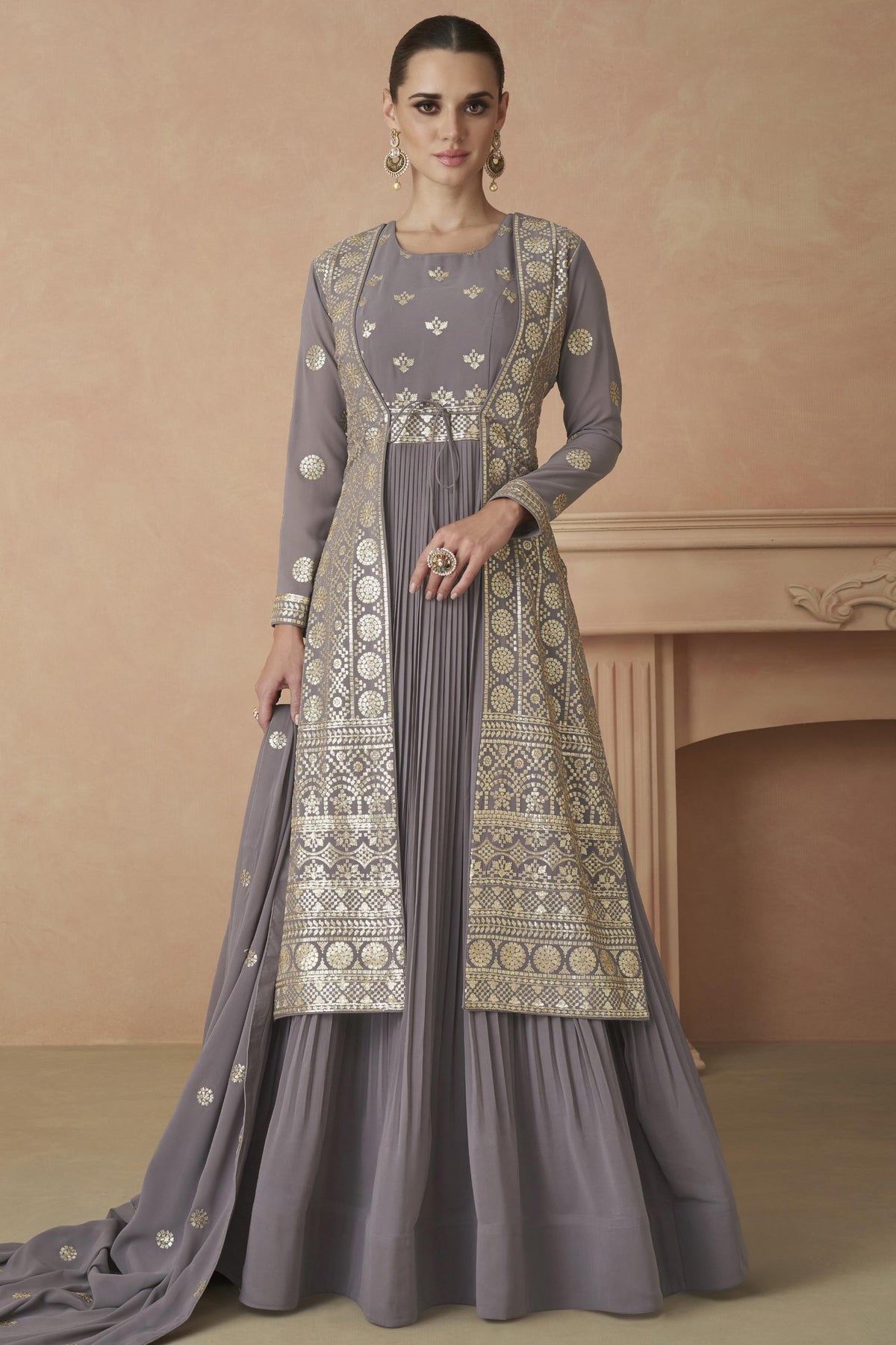 Georgette Fabric Lavender Color Embroidered Readymade Long Anarkali Style Gown With Dupatta