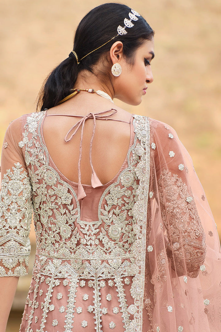 Classic Peach Net Anarkali Suit with Embroidered Work for Party