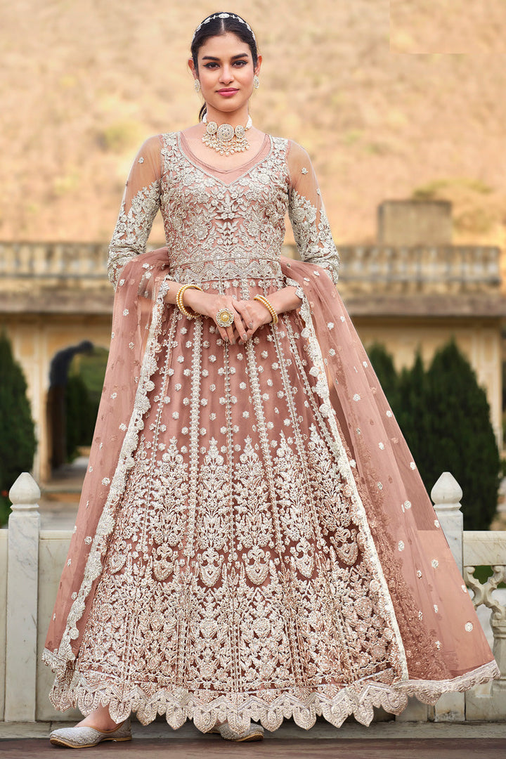 Classic Peach Net Anarkali Suit with Embroidered Work for Party