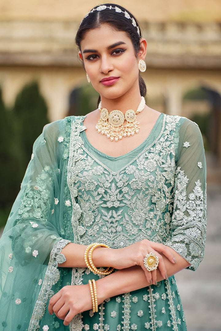 Elegant Sea Green Net Anarkali Suit with Embroidered Work for Party
