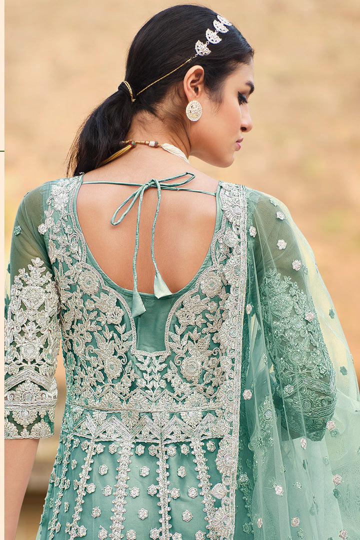 Elegant Sea Green Net Anarkali Suit with Embroidered Work for Party
