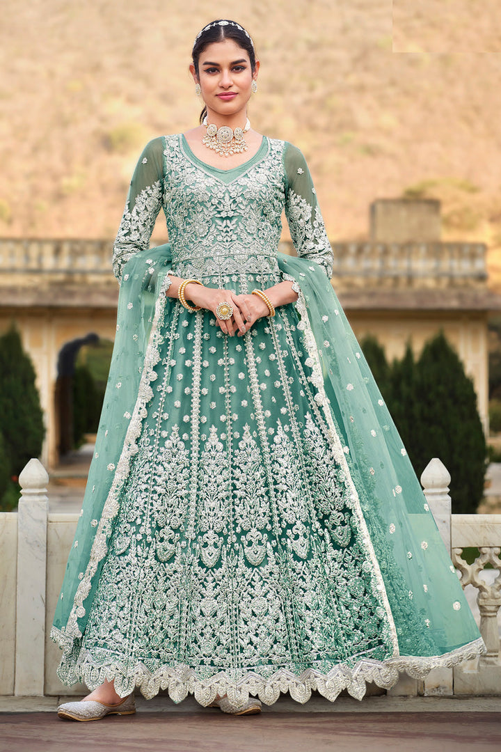 Elegant Sea Green Net Anarkali Suit with Embroidered Work for Party