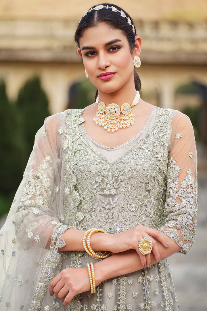 Regal Grey Net Anarkali Suit with Embroidered Work for Party