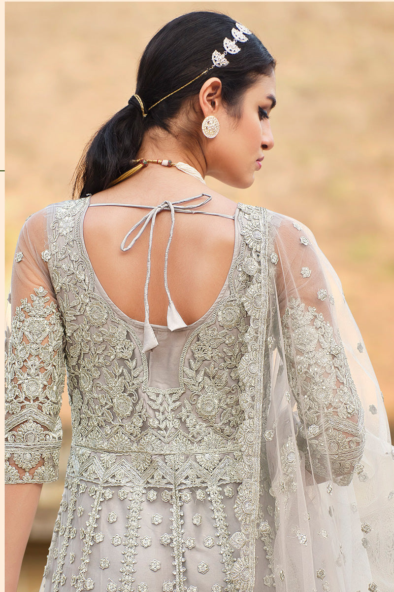 Regal Grey Net Anarkali Suit with Embroidered Work for Party