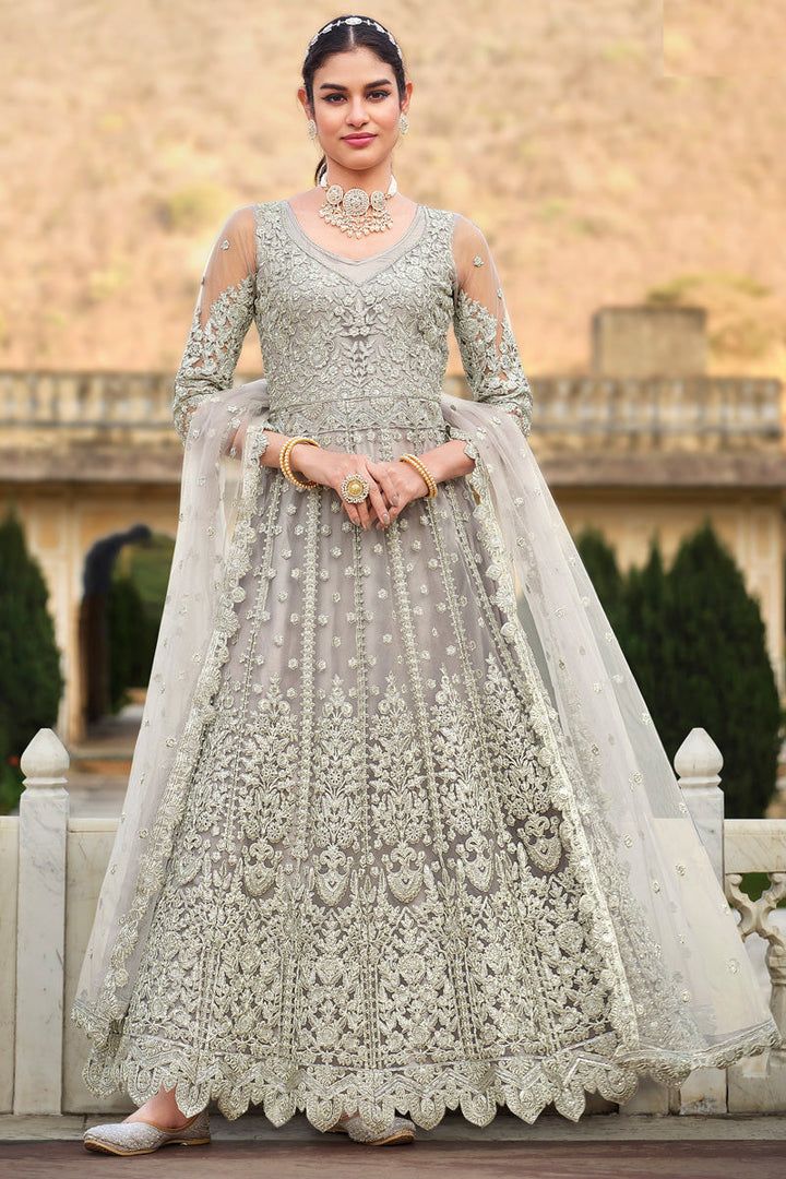 Regal Grey Net Anarkali Suit with Embroidered Work for Party