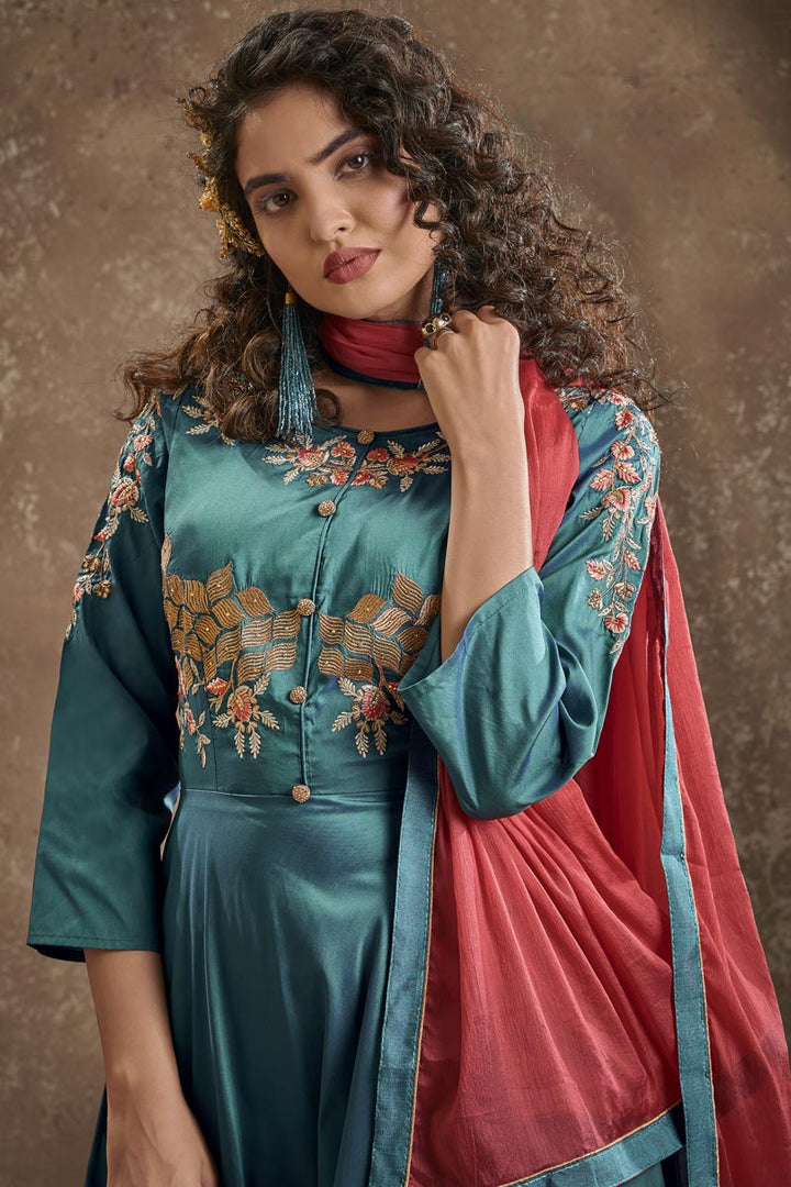 Embroidered Cyan Color Art Silk Fabric Designer Readymade Gown