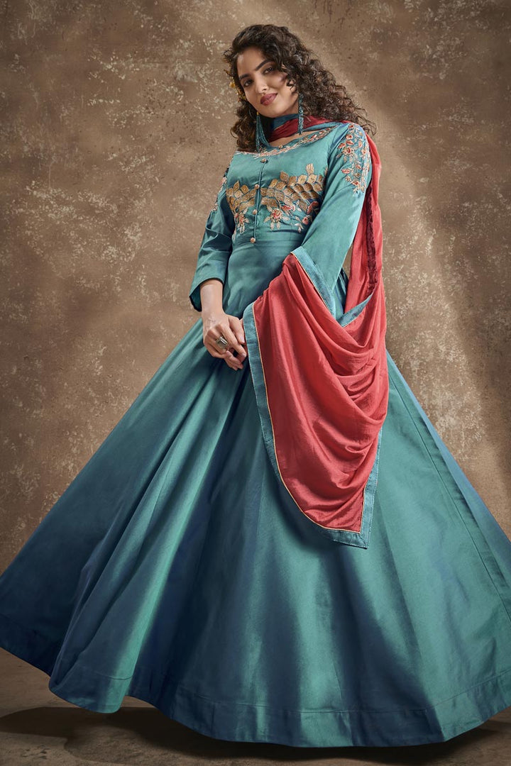 Embroidered Cyan Color Art Silk Fabric Designer Readymade Gown