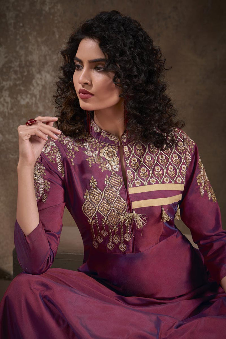 Party Style Embroidered Burgundy Color Art Silk Fabric Designer Readymade Gown