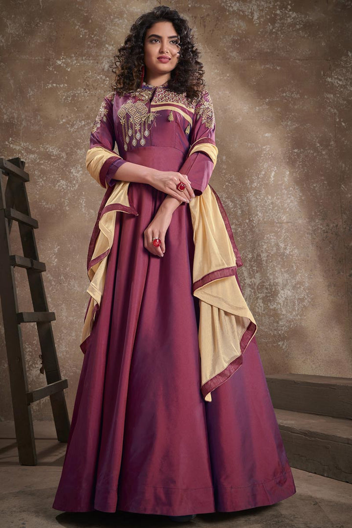 Party Style Embroidered Burgundy Color Art Silk Fabric Designer Readymade Gown
