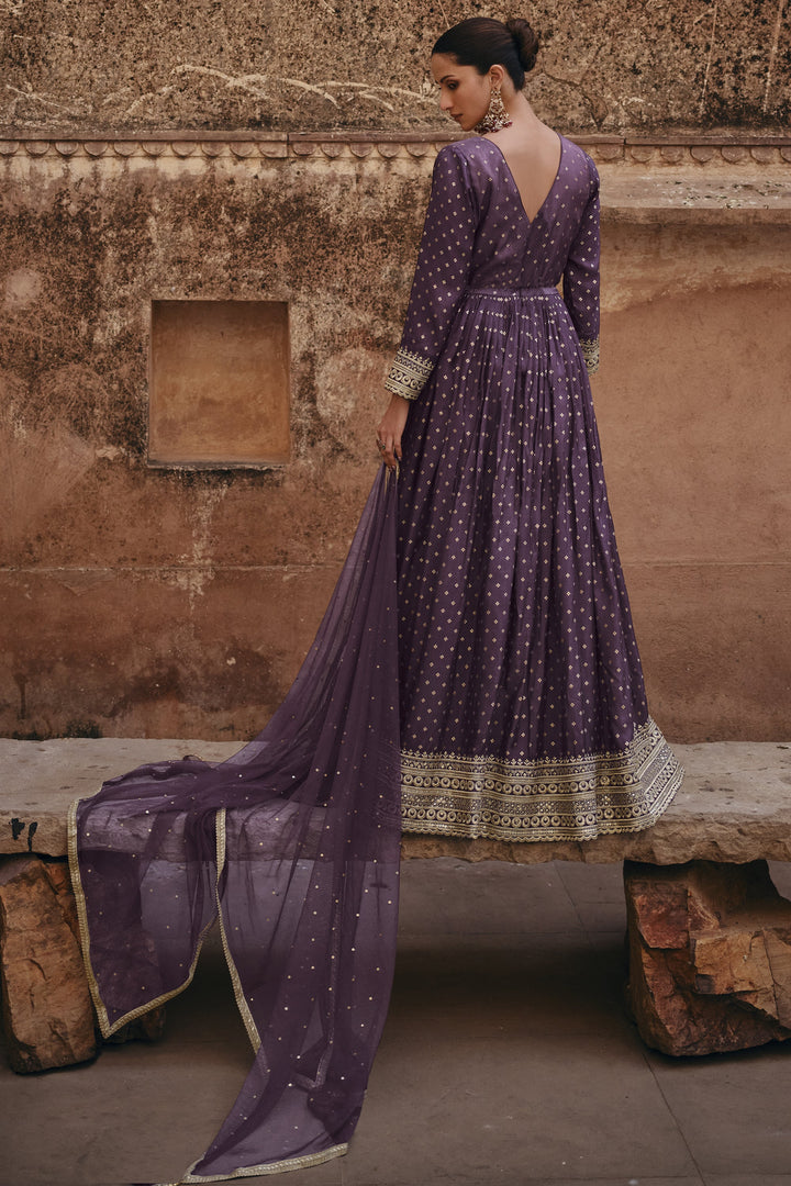 Embroidered Purple Color Readymade Long Anarkali Style Gown With Dupatta