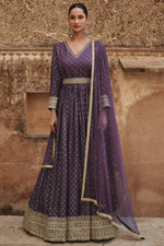 Load image into Gallery viewer, Embroidered Purple Color Readymade Long Anarkali Style Gown With Dupatta
