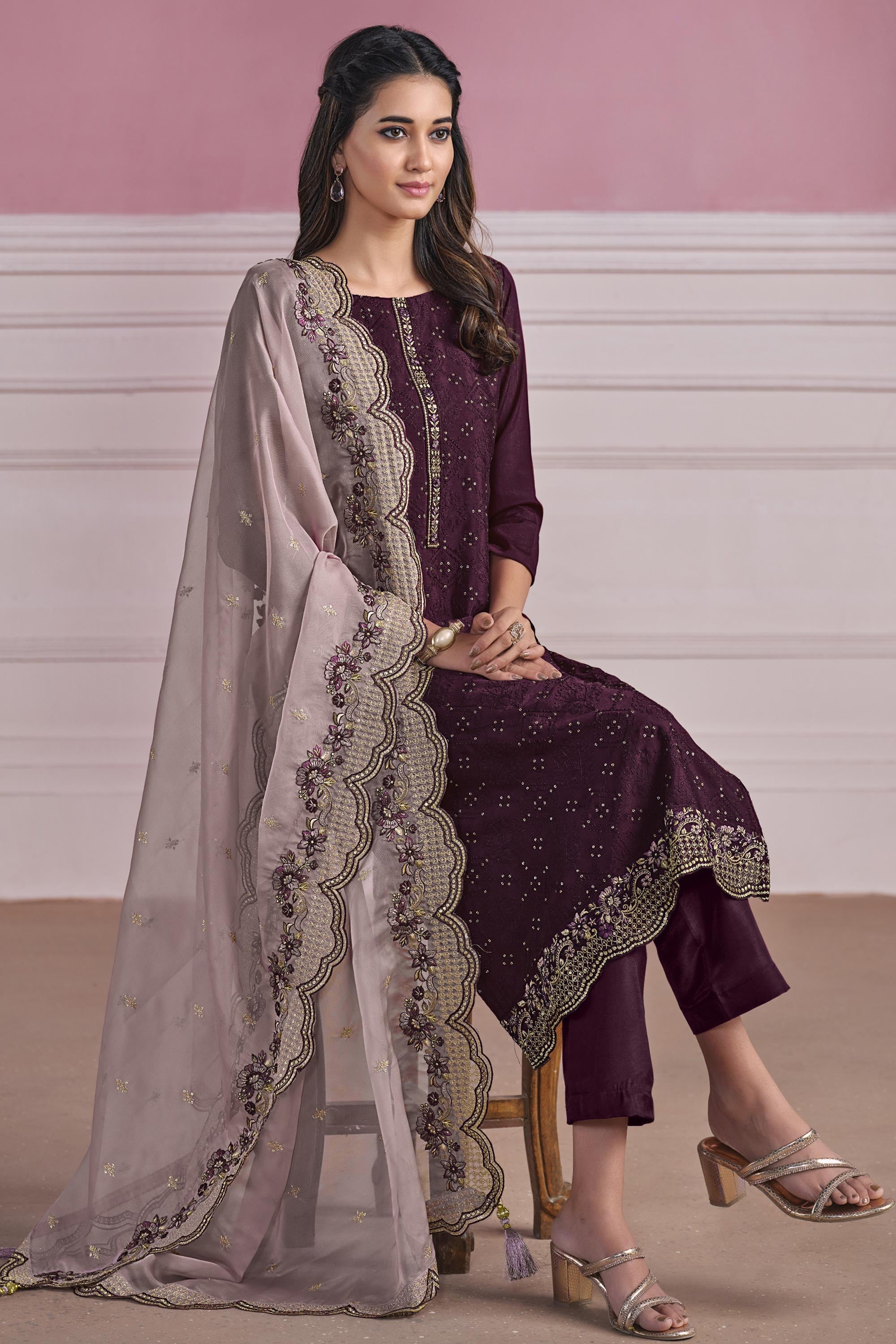 Festive Wear Embroidered Chiffon Fabric Straight Cut Suit In Purple Color