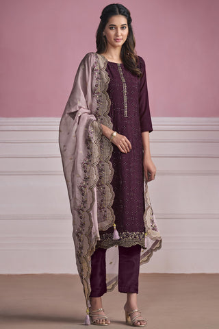 Festive Wear Embroidered Chiffon Fabric Straight Cut Suit In Purple Color