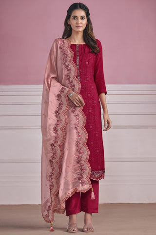 Rani Color Festive Wear Embroidered Straight Cut Salwar Suit In Chiffon Fabric