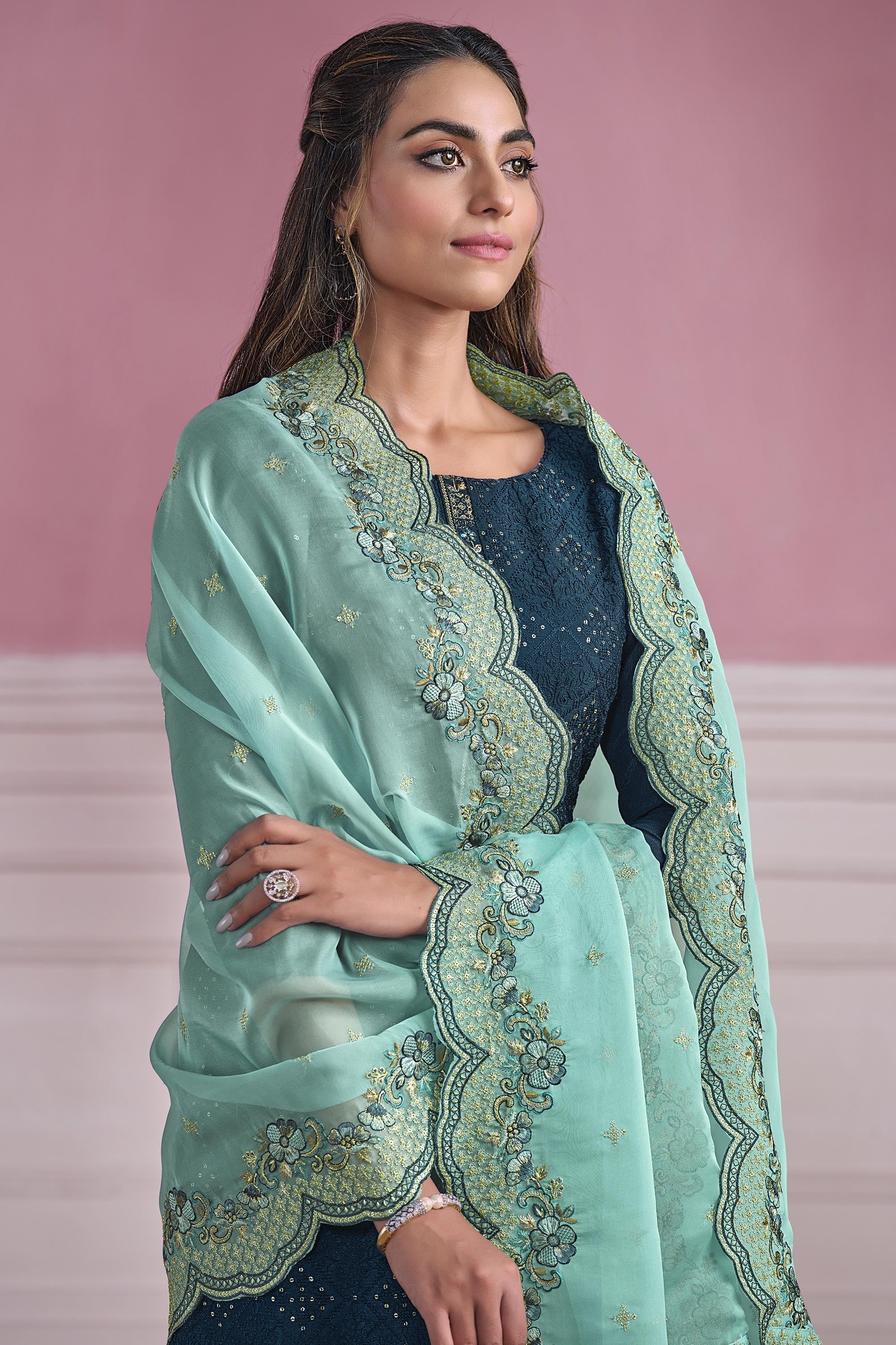 Function Wear Teal Color Embroidered Straight Cut Suit In Chiffon Fabric