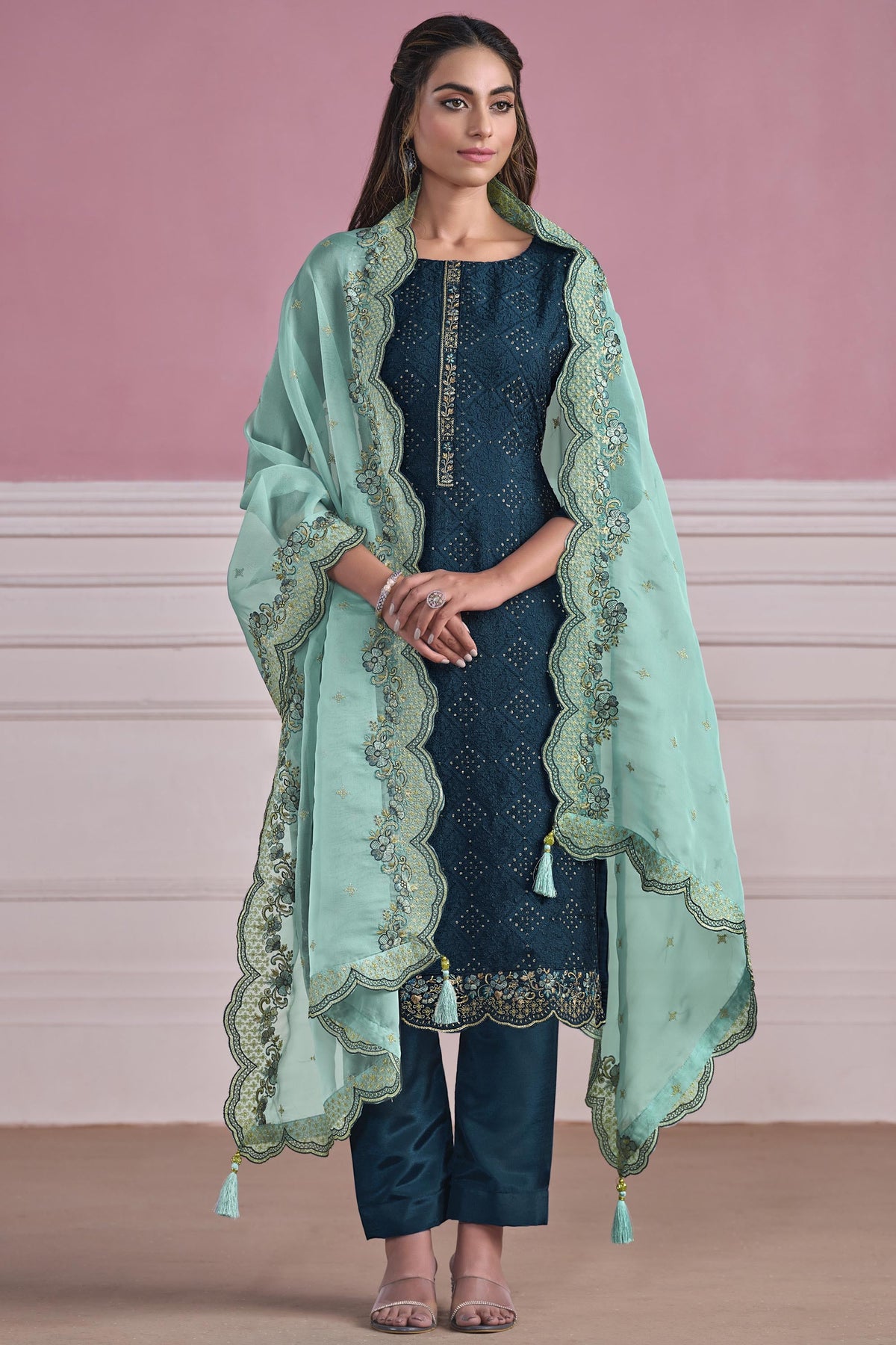 Function Wear Teal Color Embroidered Straight Cut Suit In Chiffon Fabric