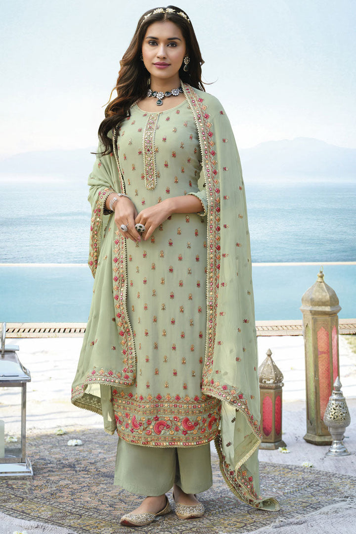 Beauteous Olive Color Georgette Fabric Embroidered Salwar Suit
