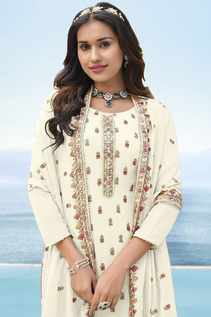 Radiant Cream Color Georgette Fabric Embroidered Salwar Suit