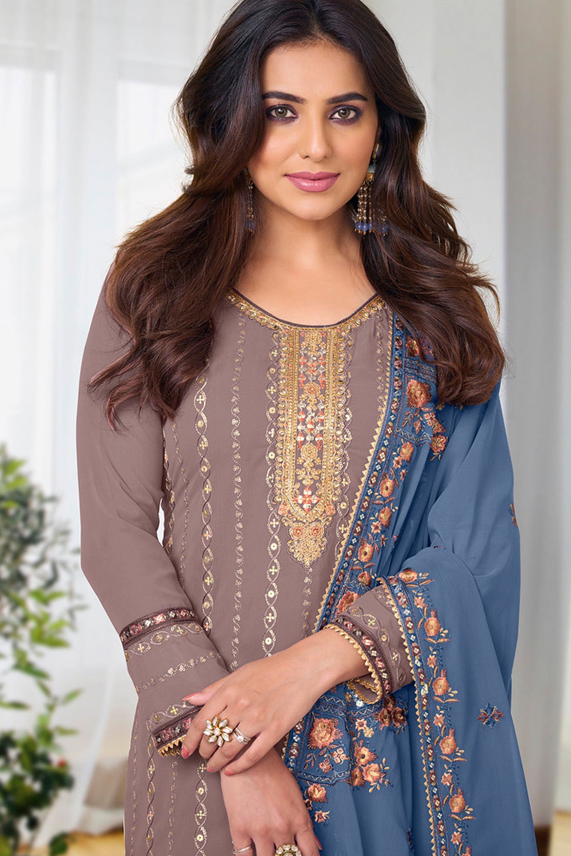 Ginni Kapoor Dark Beige Color Embroidered Salwar Suit In Georgette Chiffon Fabric