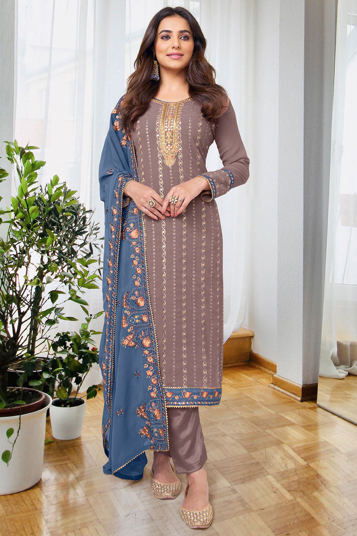 Ginni Kapoor Dark Beige Color Embroidered Salwar Suit In Georgette Chiffon Fabric